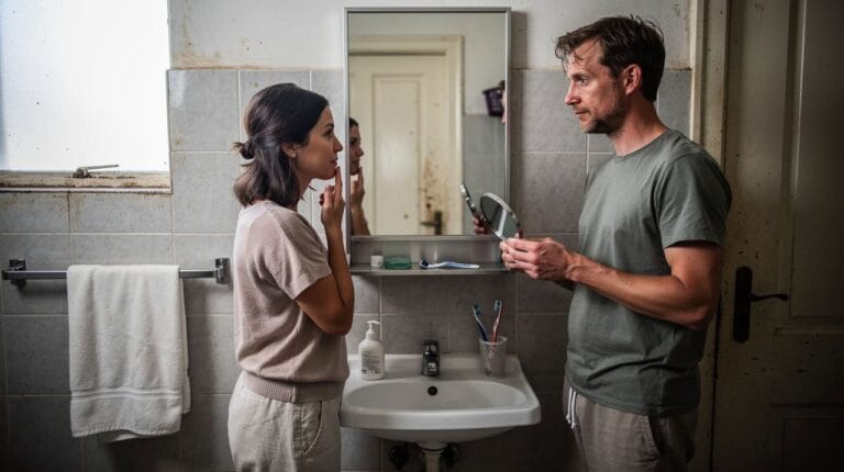 Par stoji u kupatilu pored lavaboa dok žena dodiruje lice a muškarac drži ručno ogledalo