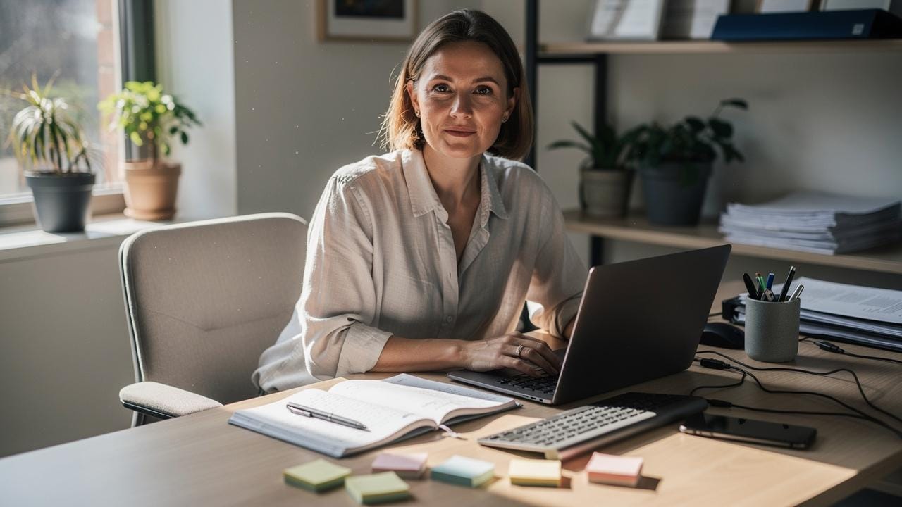 Žena sedi za stolom u kancelariji i radi na laptopu