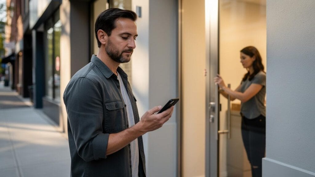 Muškarac stoji ispred ulaza i gleda u mobilni dok žena otvara vrata iza njega