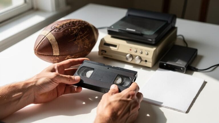 Ruke drže VHS kasetu pored starog VCR uređaja i izgrebane fudbalske lopte