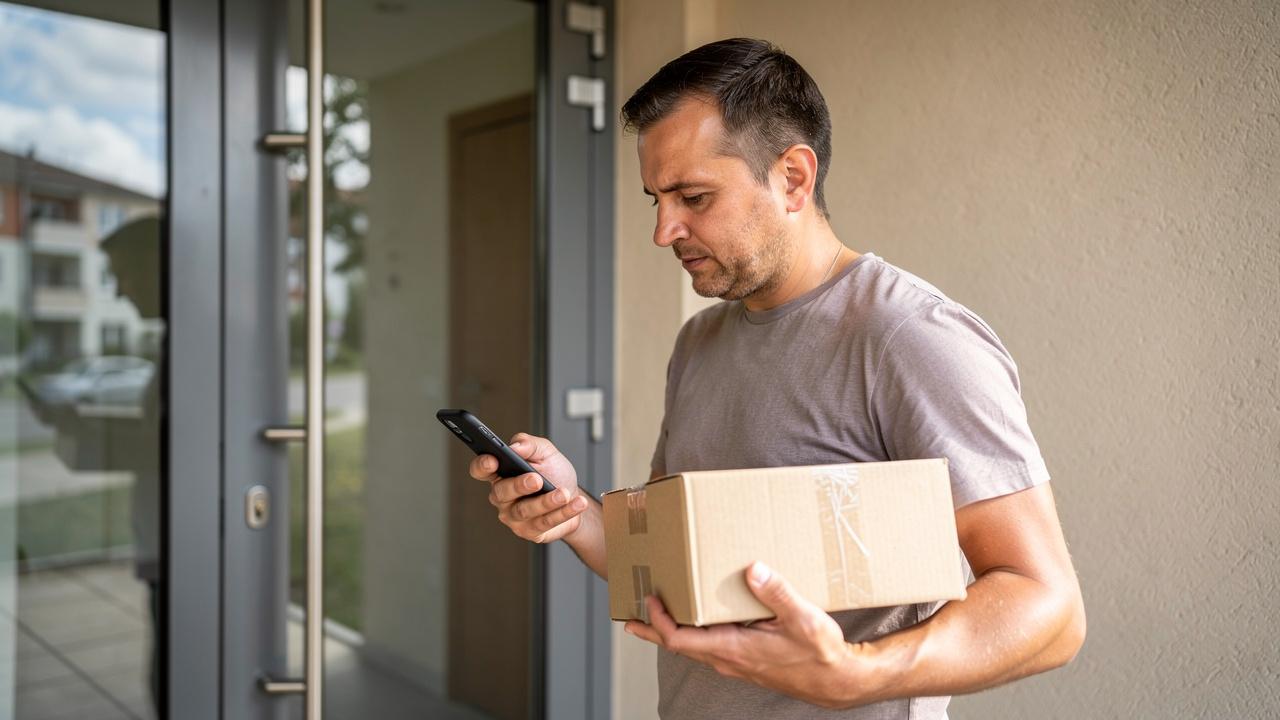Muškarac drži kartonski paket i gleda u mobilni telefon na ulazu