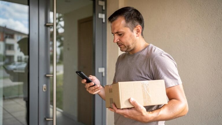 Muškarac drži kartonski paket i gleda u mobilni telefon na ulazu