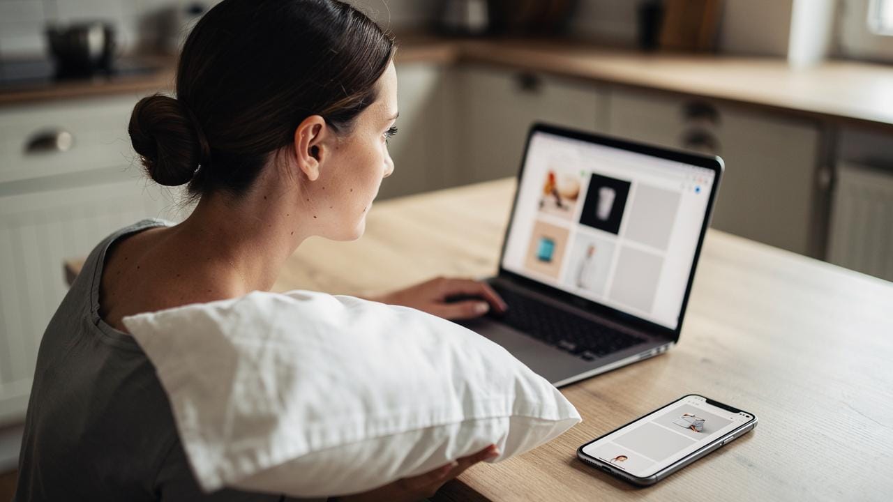 Žena drži jastuk i gleda u otvoren laptop na drvenom stolu